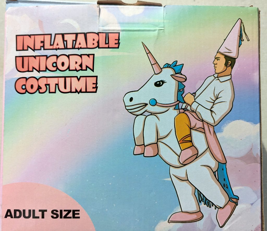 Inflatable Unicorn costume that makes it look like you are riding a unicorn